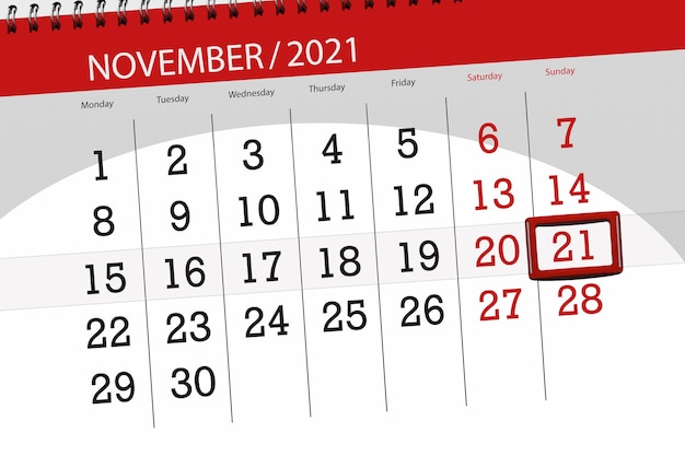 Planificador de calendario para el mes de noviembre de 2021, fecha límite, 21, domingo.