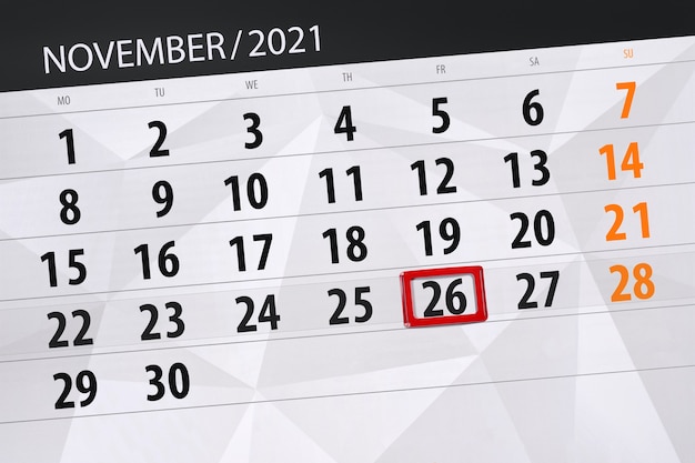 Planificador de calendario para el mes de noviembre de 2021, fecha límite, 26, viernes.