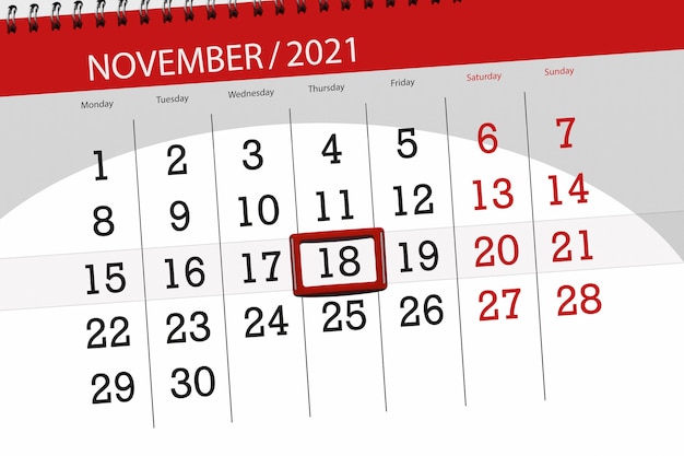 Planificador de calendario para el mes de noviembre de 2021, fecha límite, jueves 18.