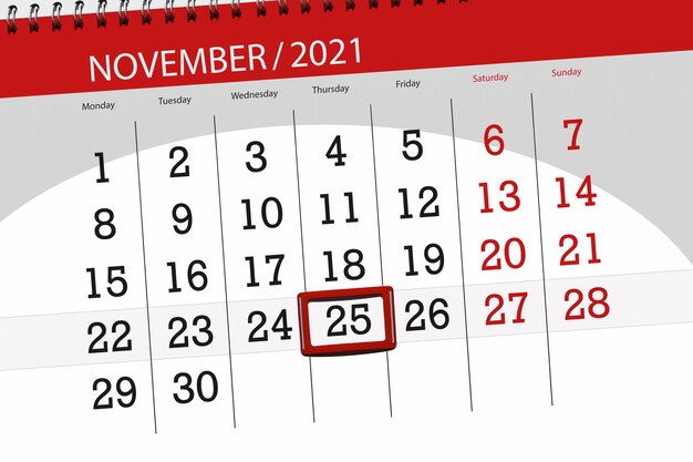 Planificador de calendario para el mes de noviembre de 2021, fecha límite, jueves 25.