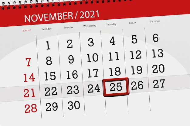 Planificador de calendario para el mes de noviembre de 2021, fecha límite, jueves 25.