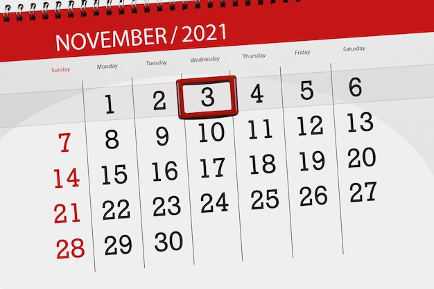 Planificador de calendario para el mes de noviembre de 2021, fecha límite, miércoles 3.