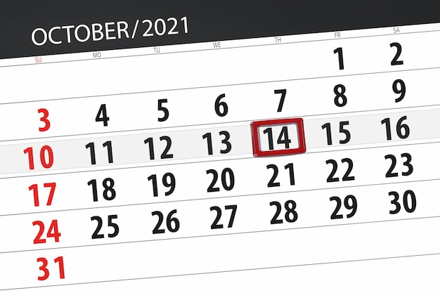 Planificador de calendario para el mes de octubre de 2021, fecha límite, 14, jueves.