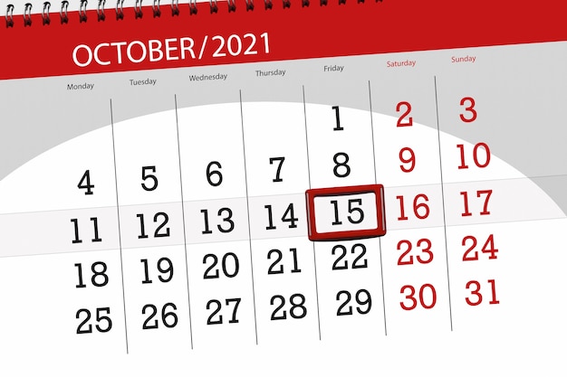 Planificador de calendario para el mes de octubre de 2021, fecha límite, 15, viernes.