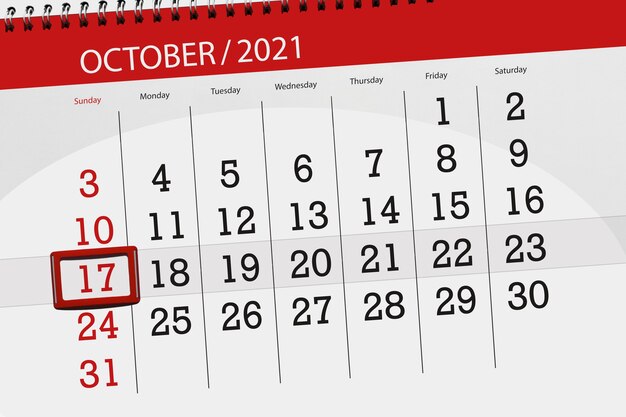 Planificador de calendario para el mes de octubre de 2021, fecha límite, 17, domingo.