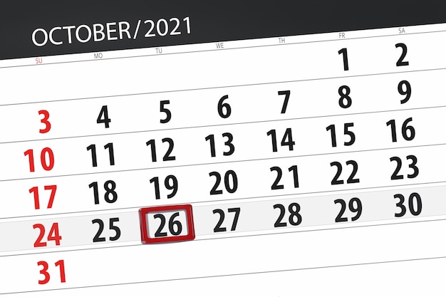 Planificador de calendario para el mes de octubre de 2021, fecha límite, 26, martes.