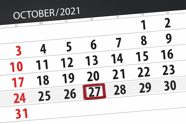 Planificador de calendario para el mes de octubre de 2021, fecha límite, miércoles 27.