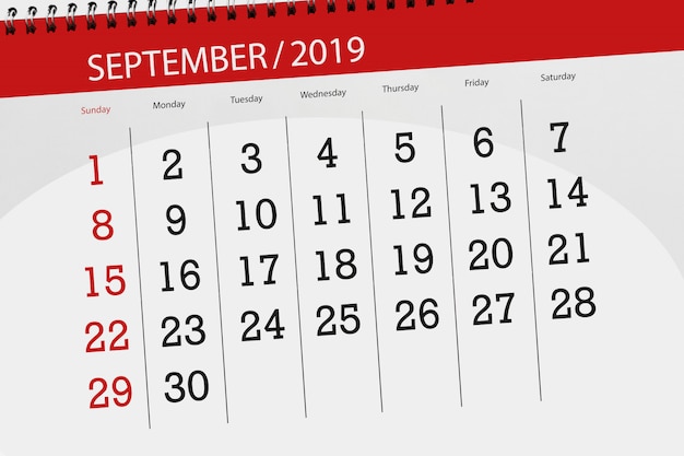 Planificador de calendario para el mes de septiembre de 2019, fecha límite