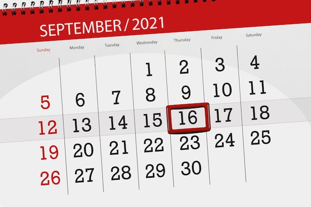 Planificador de calendario para el mes de septiembre de 2021, fecha límite, 16, jueves.