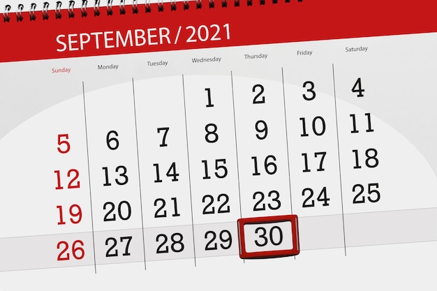 Planificador de calendario para el mes de septiembre de 2021, fecha límite, 30, jueves.