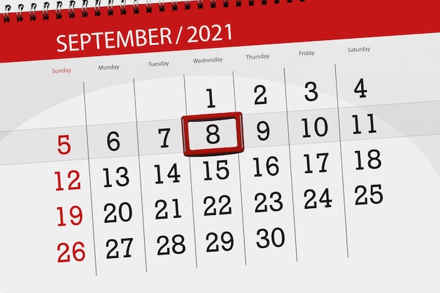 Planificador de calendario para el mes de septiembre de 2021, fecha límite, 8, miércoles.