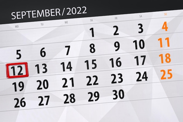 Planificador de calendario para el mes de septiembre de 2022 fecha límite día 12 lunes