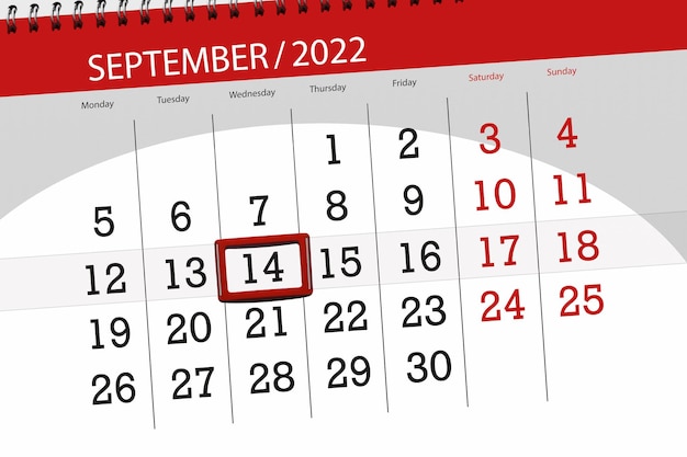 Planificador de calendario para el mes de septiembre de 2022 fecha límite día 14 miércoles