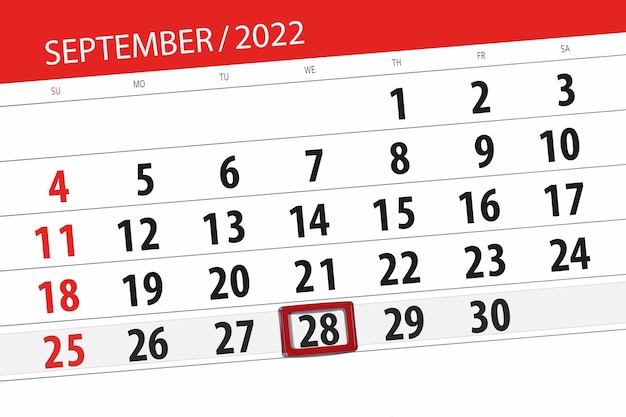 Planificador de calendario para el mes de septiembre de 2022 fecha límite día 28 miércoles