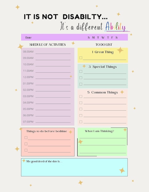 Planificador de TDAH modelo imprimível página em branco digital