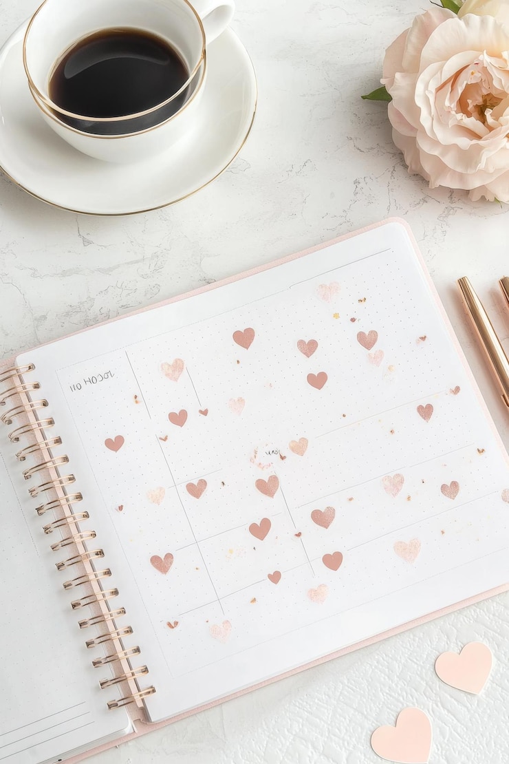 Foto planificador decorado con pegatinas en forma de corazón taza de café y rosa en el escritorio