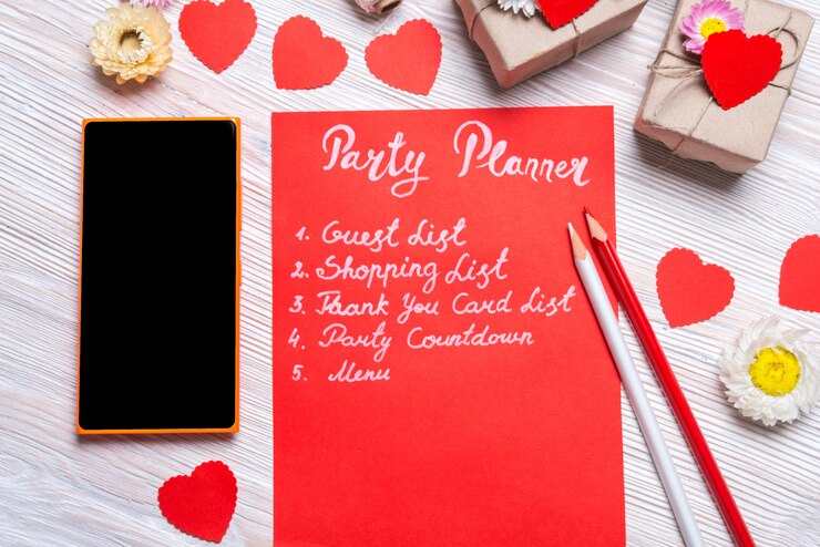 Foto planificador de fiestas del día de san valentín, lista, nota