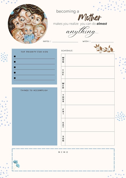 Foto planner para modelo de página imprimível de folha de inserção de planejamento digital de mães