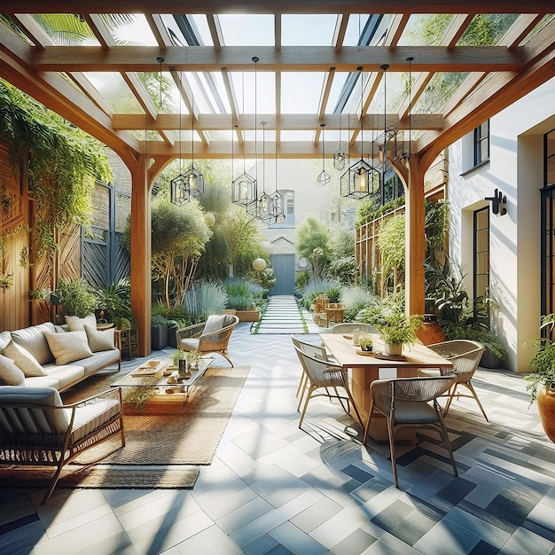 Plano aberto ecológico Interior de uma casa moderna com mesas de escritório cadeiras luzes sofá e jardim