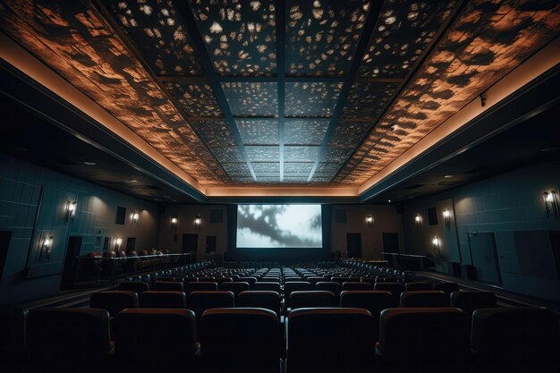 Plano amplo da tela dos cinemas e IA generativa do teto iluminado