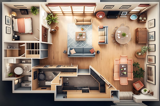 Foto plano de un apartamento o casa diseño de interiores red neuronal ia generada