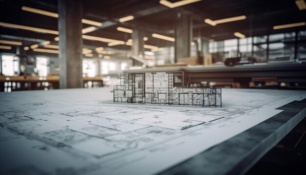 Plano de arquitecto moderno guía el desarrollo de la industria de la construcción en interiores generado por IA