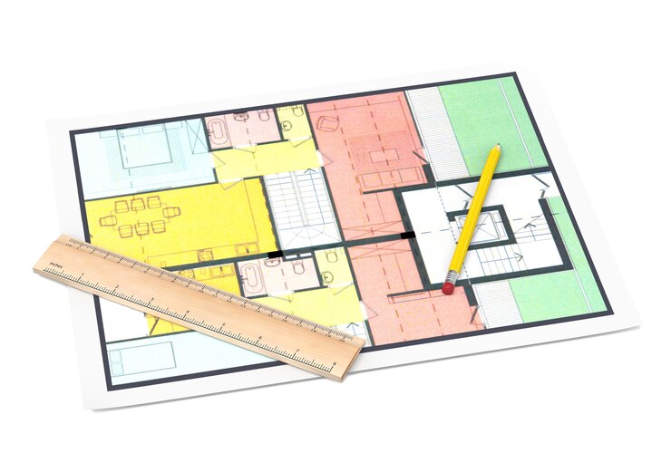 Foto plano de la casa con un lápiz y una regla en blanco
