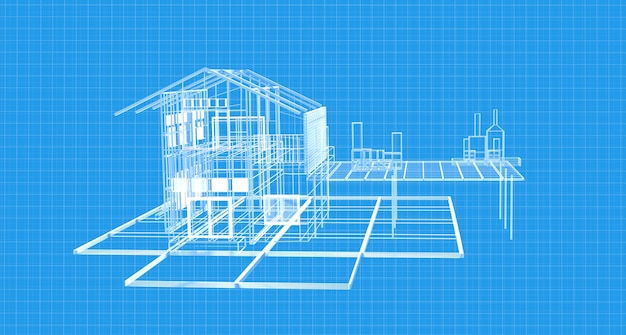 Plano de la casa del plano que dibuja la estructura de estructura metálica. Representación 3d