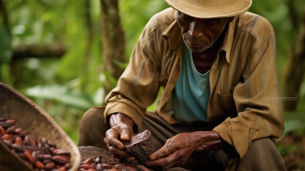 Un plano cerrado captura a un agricultor en una plantación de cacao extrayendo delicadamente los granos húmedos de una ca.