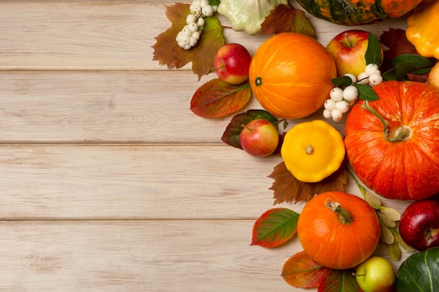 Plano de ação de graças com abóboras laranja, framboesa, folhas, abóboras amarelas na mesa de madeira branca, copie o espaço