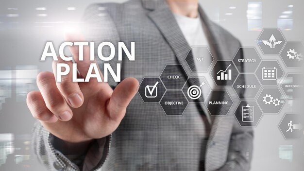 Plano de ação estratégia planejamento visão direção conceito financeiro no fundo desfocado