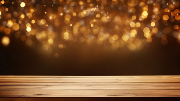 Foto plano de celebração fundo de madeira vazio abstrato mesa de madeira natal festivo brilhante brilho borrado desenho de ouro bokeh