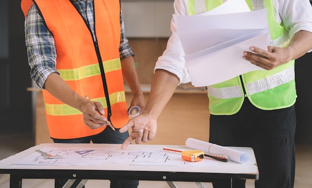 Plano de desenho de mão de engenheiro da pessoa em impressão azul com equipamento de arquiteto Arquitetos discutindo no trabalho em equipe de mesa e conceito de construção de fluxo de trabalho