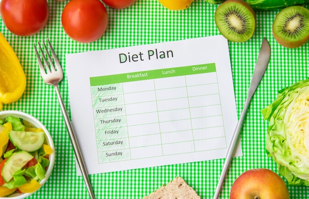 Plano de dieta semanal. O conceito de nutrição adequada. Foco seletivo.