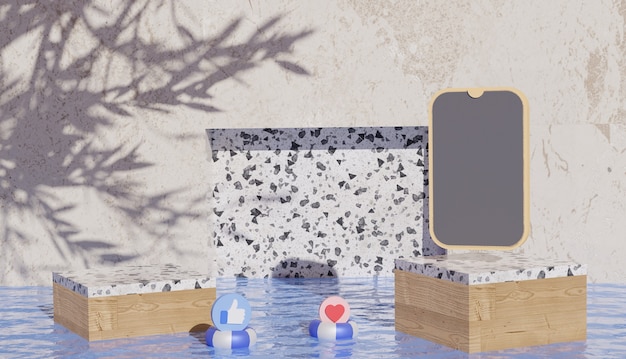 Plano de fundo 3D mostrando a vista do pódio de mármore com smartphone e símbolos de mídia social na água