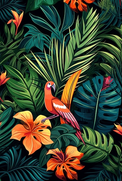 Plano de fundo com folhagem de folhas tropicais e cenário natural de flores em fundo esmeralda Generative ai