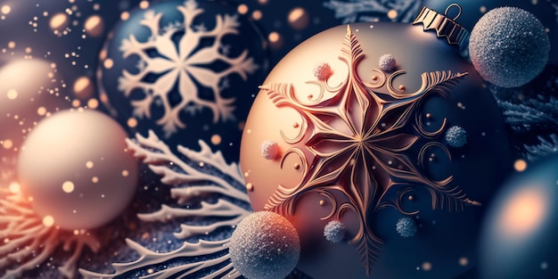 Plano de fundo com tema de Natal com flocos de neve e enfeites Generative AI