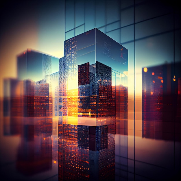 Plano de fundo da futura arquitetura urbana e corporativa Idéia imobiliária com desfoque de movimento bokeh e um reflexo em um painel de vidro de uma fachada de arranha-céu Generative ai