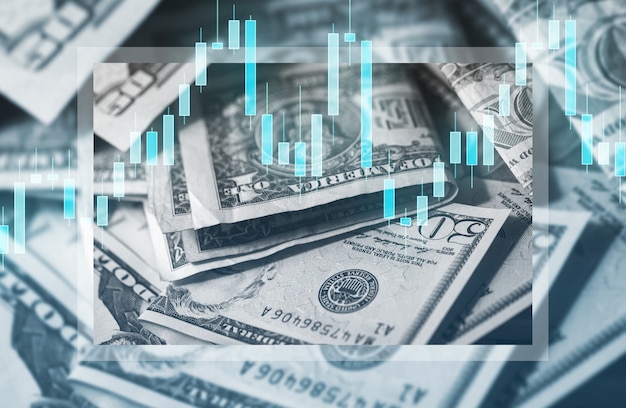 Plano de fundo das notas de dólar americano e gráfico de velas mostrando as mudanças no preço do dinheiro.