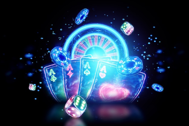 Plano de fundo de casino criativo, cartas de jogar de néon, roleta, dados em um fundo escuro. Folheto. Conceito de jogos de azar, pôquer, cabeçalho para o site. Copie o espaço. Ilustração 3D, renderização em 3D.