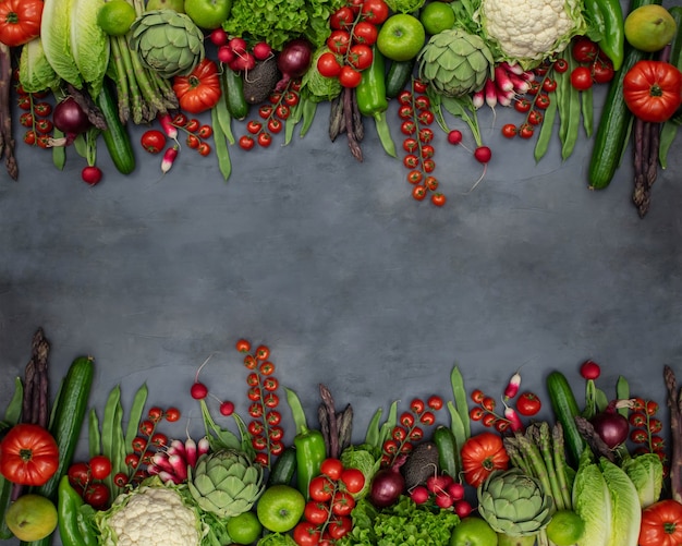 Plano de fundo de diferentes vegetais orgânicos - espargos, tomate cereja, abacate, alcachofra, pimenta, limão, avermelhado, couve-flor, feijão verde, pepino em fundo cinza.