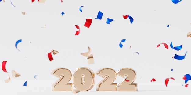 Plano de fundo de feriados de Natal ou Ano Novo, letra dourada de 2022 com confete, renderização 3D