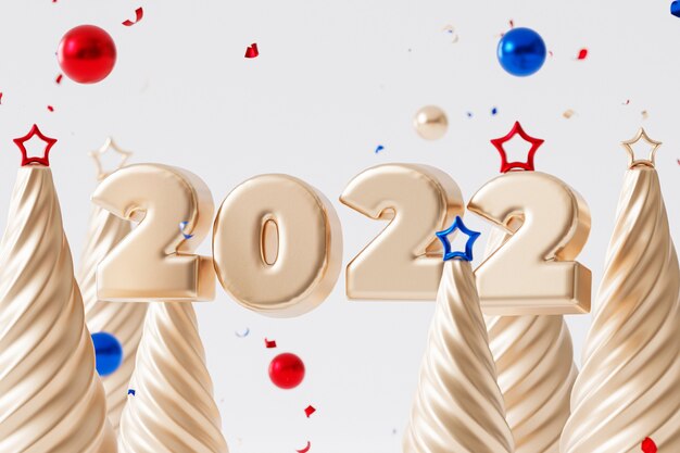 Plano de fundo de feriados de Natal ou Ano Novo, letra dourada de 2022, confete e árvore de abeto com estrela, renderização 3D