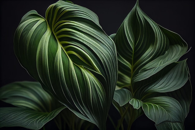 Plano de fundo de folhas tropicais verdes naturais fecham em maquete de fundo preto para produto e texto primavera e conceito de natureza de verão Generative AI