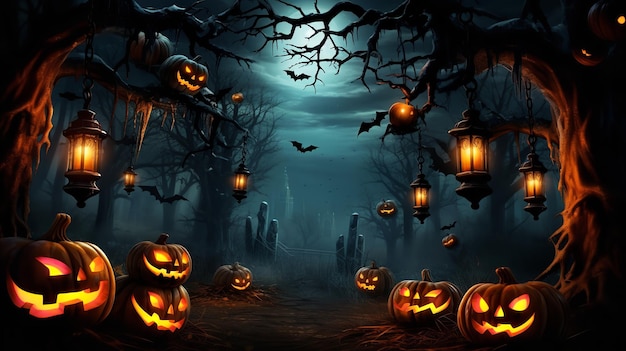 Plano de fundo de Halloween com cemitério cheio de lanternas Jack O' na noite misteriosa Generative Ai