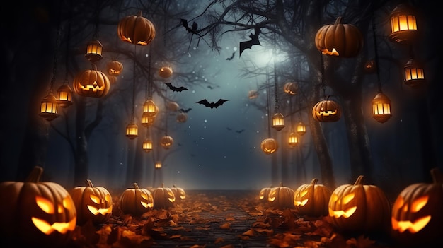 Plano de fundo de Halloween com cemitério cheio de lanternas Jack O' na noite misteriosa Generative Ai