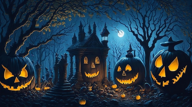 Plano de fundo de Halloween Jack O 'Lanterns em um cemitério em uma noite assustadora Generative Ai