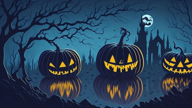 Plano de fundo de Halloween Jack O 'Lanterns em um cemitério em uma noite assustadora Generative Ai