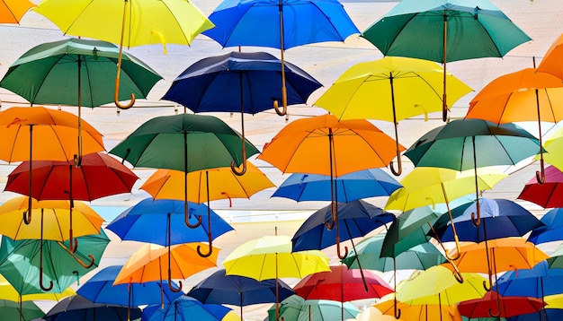 Plano de fundo de muitos guarda-chuvas coloridos pendurados decorando a rua de uma cidade.
