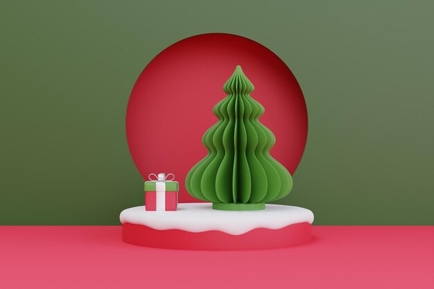 Plano de fundo de Natal e Ano Novo com decoração de pinheiros de Natal para exibição de produtos de Natal com renderização 3d de espaço de cópia